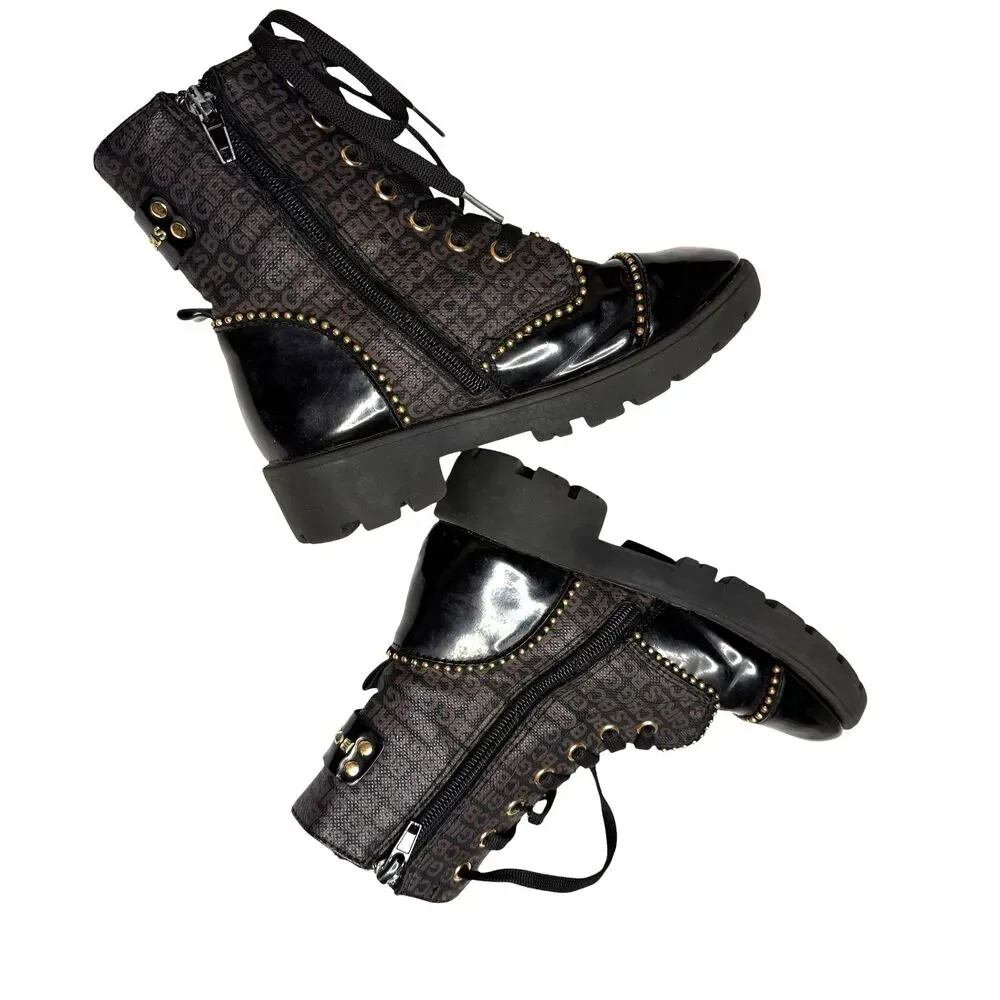 BCBG Girls Combat Boots Faux Leather Logo Stud Lace Up Lug Sole Big Girl 1